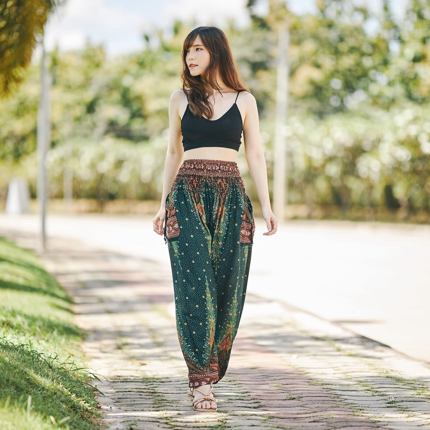 Women's Bohemian Flowy Harem Pants with Smocked Waist for Yoga and Everyday Wear