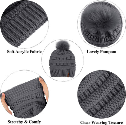 Women's Winter Warmth Set: Knitted Beanie Hat with Fur Pompoms, Circle Loop Scarf, and Touch Screen Gloves