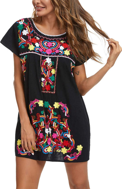 Women's Short Sleeve Mexican Embroidery Dress