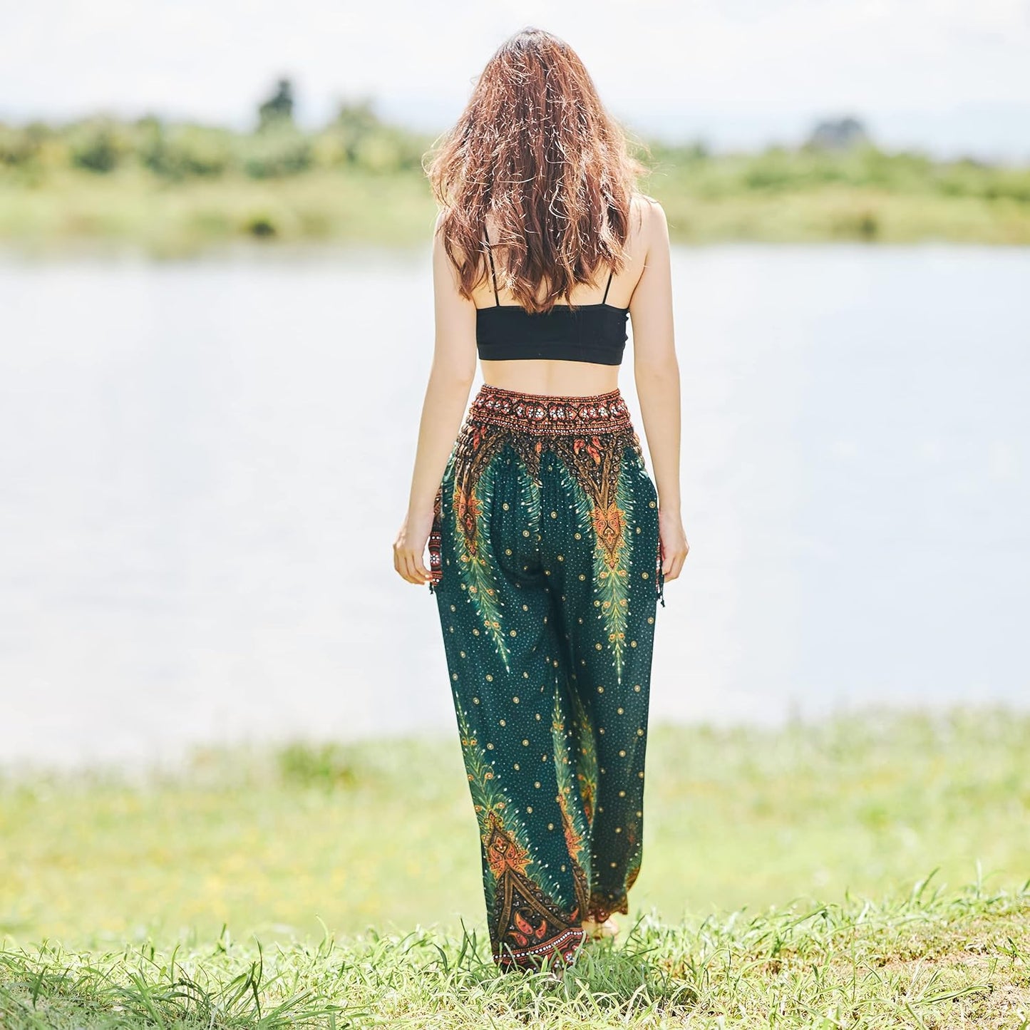 Women's Bohemian Flowy Harem Pants with Smocked Waist for Yoga and Everyday Wear