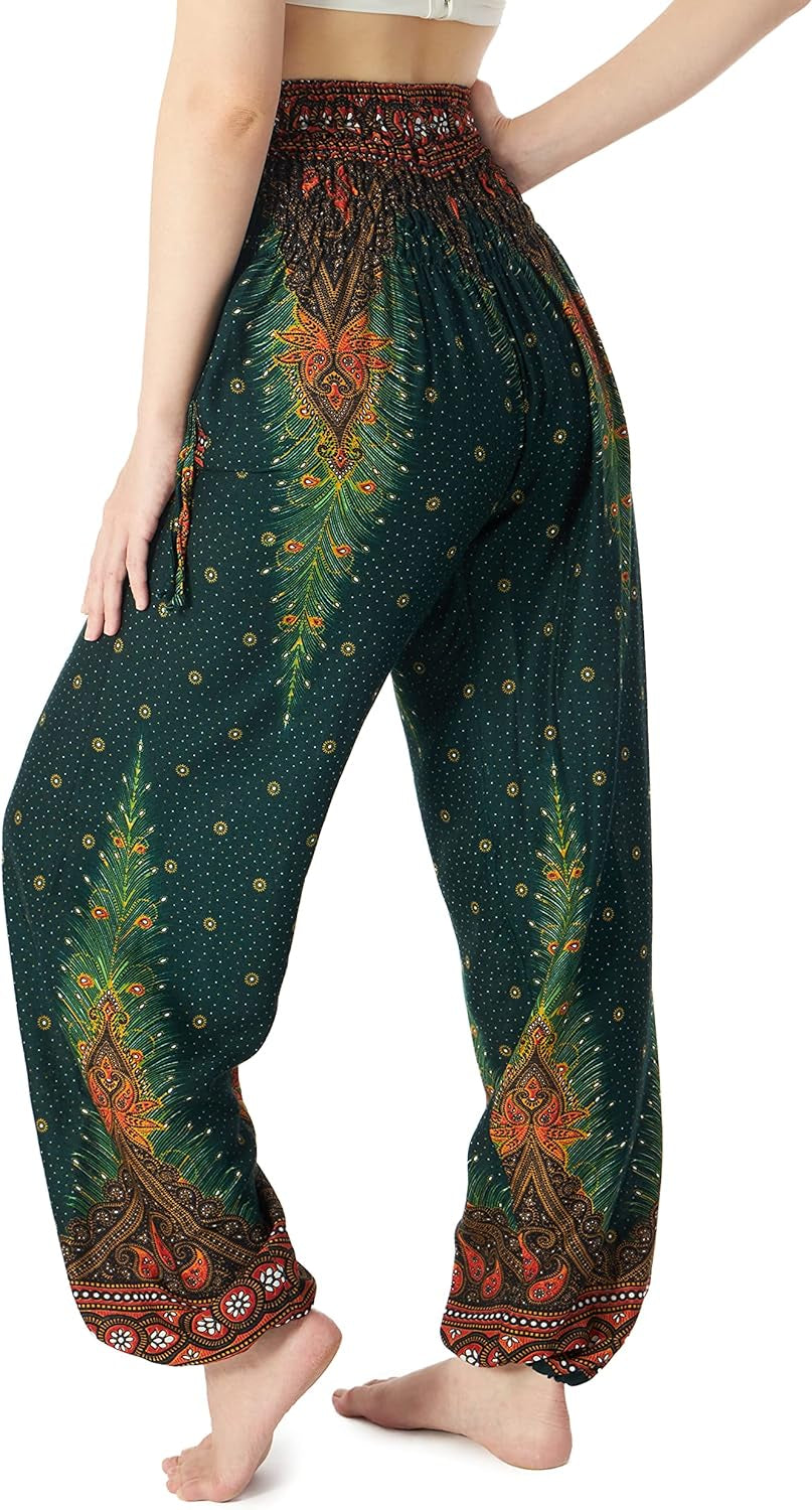 Women's Bohemian Flowy Harem Pants with Smocked Waist for Yoga and Everyday Wear