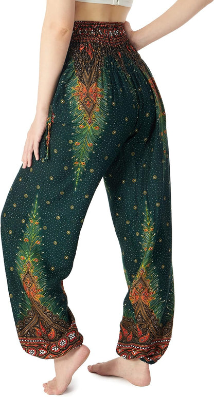 Women's Bohemian Flowy Harem Pants with Smocked Waist for Yoga and Everyday Wear