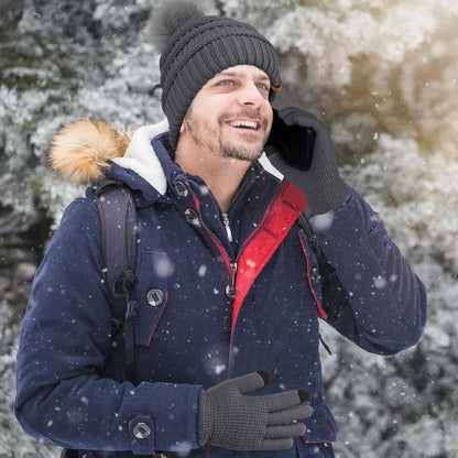 Women's Winter Warmth Set: Knitted Beanie Hat with Fur Pompoms, Circle Loop Scarf, and Touch Screen Gloves