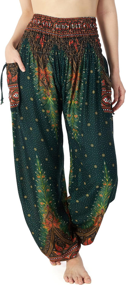 Women's Bohemian Flowy Harem Pants with Smocked Waist for Yoga and Everyday Wear