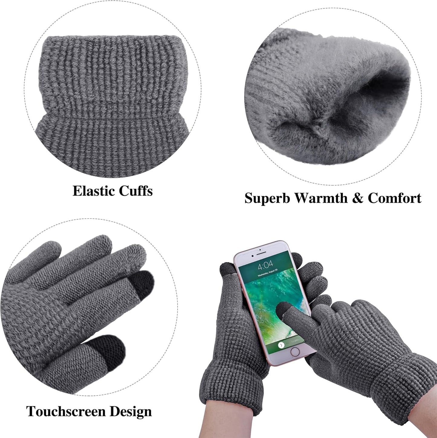 Women's Winter Warmth Set: Knitted Beanie Hat with Fur Pompoms, Circle Loop Scarf, and Touch Screen Gloves