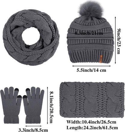 Women's Winter Warmth Set: Knitted Beanie Hat with Fur Pompoms, Circle Loop Scarf, and Touch Screen Gloves