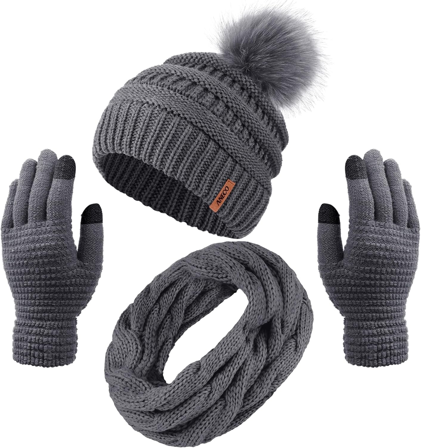 Women's Winter Warmth Set: Knitted Beanie Hat with Fur Pompoms, Circle Loop Scarf, and Touch Screen Gloves