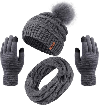 Women's Winter Warmth Set: Knitted Beanie Hat with Fur Pompoms, Circle Loop Scarf, and Touch Screen Gloves