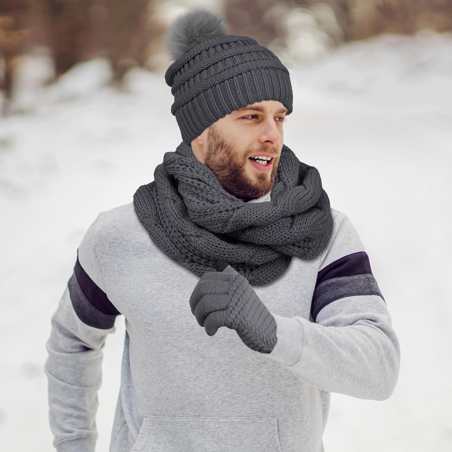 Women's Winter Warmth Set: Knitted Beanie Hat with Fur Pompoms, Circle Loop Scarf, and Touch Screen Gloves