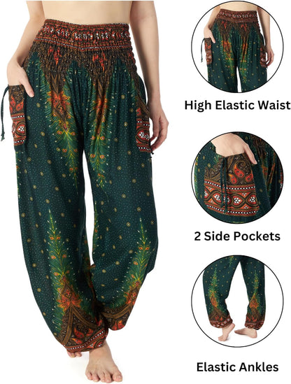 Women's Bohemian Flowy Harem Pants with Smocked Waist for Yoga and Everyday Wear