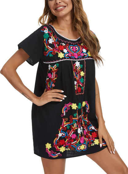 Women's Short Sleeve Mexican Embroidery Dress